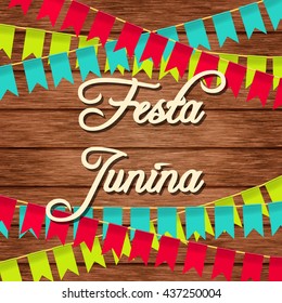 Festa Junina illustration - traditional Brazil June festival party. Vector illustration. lights on a wooden background and inscription Festa Junina