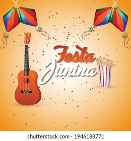 Festa junina invitation cards with guitar and hat