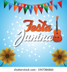 Festa junina invitation cards with guitar and hat