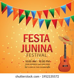 Festa junina invitation cards with guitar and hat
