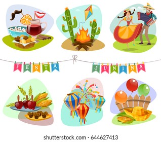 Festa junina isolated mini compositions with holiday decorations and traditional carnival accessories cartoon vector illustration