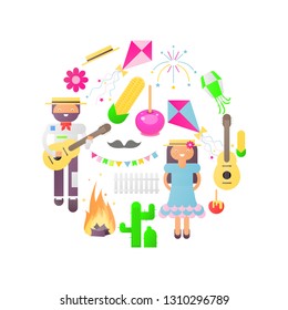 Festa Junina Isolated Objects for Latin American Holiday, June Festival in Brazil. Cartoon People and Carnival Icons. Vector Illustration.