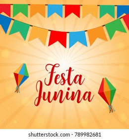 Festa Junina june Brazil festival vector background with garlands in Brazil flag colors