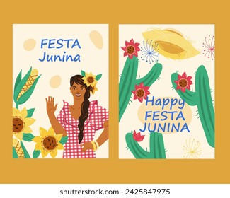 Festa Junina June Brazilian holiday card or party flyer. Brazilian Festa Junina festival card or poster design, banner templates set, flat vector illustration.