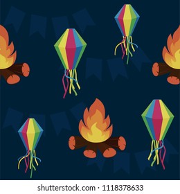 Festa Junina June Feast seamless pattern vector with air balloons and bonfires.