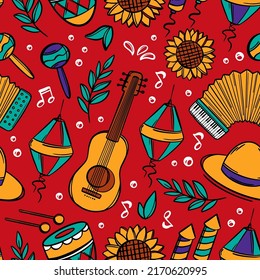 FESTA JUNINA June Festival Catholic Tradition Brazil Carnival Holiday Seamless Pattern With Musical Instruments On Red Background Vector Illustration For Print