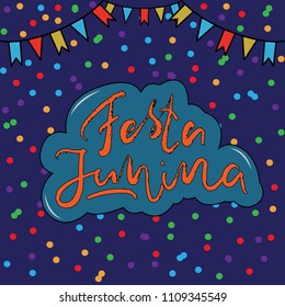 Festa Junina (June Festival in Portuguese language) Illustration with Party Flags and confetti on  dark Background. Brazil June Festival Design for Greeting Card, Invitation or Holiday Poster. Vector.