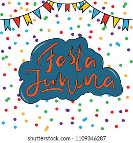 Festa Junina (June Festival in Portuguese language) Illustration with Party Flags and confetti on white Background. Brazil June Festival Design for Greeting Card, Invitation or Holiday Poster. Vector.