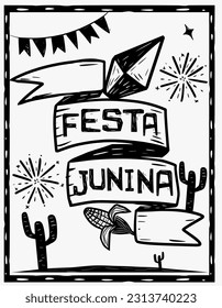 Festa Junina (June festival) traditional brazilian party. Ribbon and cactus, woodcut style.