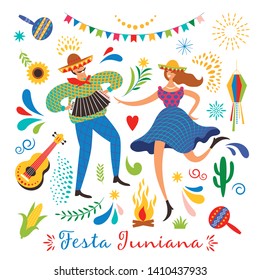 Festa Junina.The June party of Brazil. Festive Mood. Brazil carnival. Set of  festive vector elements, guitar, corn, fire, lantern, dansing man and woman