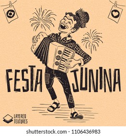 Festa Junina - June Party - Saint John - Woodcut style happy peasant playing the accordion