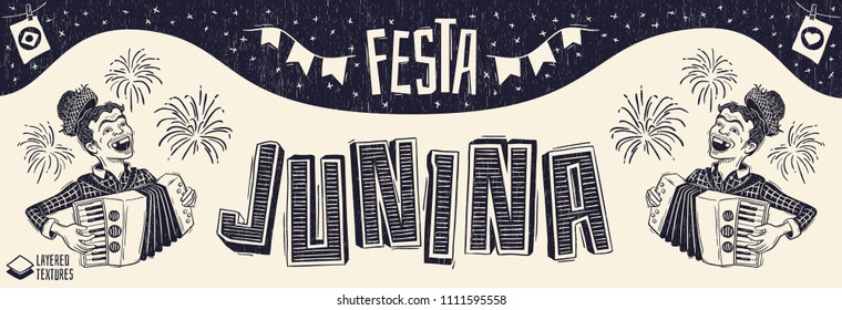 Festa Junina - June Party Woodcut Style Banner With Peasants Playing The Accordion. Detailed Vector For June Party Themes. Removable Wood Texture. Made In Brazil With Love.