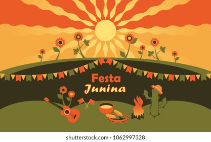 Festa Junina landing page. The rays of the sun and campfire vector Illustration
