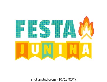 Festa Junina Latin American holiday. Traditional Brazil June folklore festival party. Fancy letters. Greeting text and Bonfire icon isolated. Flat minimal design banner background. Vector illustration