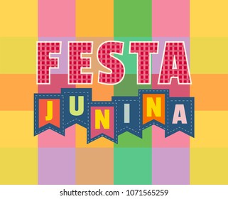 Festa Junina Latin American holiday. Traditional Brazil June folklore festival party. Fancy cartoon letters on flags. Greeting text on colorful background. Fest banner design idea. Vector illustration