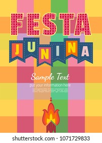Festa Junina Latin American holiday. Festive party text flyer template. Traditional Brazil June folklore festival event colorful background. Fancy letters greeting, bonfire icon. Vector illustration