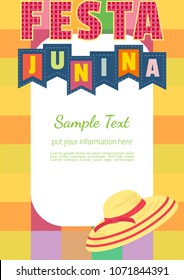 Festa Junina Latin American holiday. Festive party text flyer template. Traditional Brazil June folklore festival event colorful background. Fancy letters greeting, straw hat icon. Vector illustration