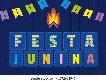Festa Junina Latin American holiday. Festive party text flyer template. Traditional Brazil June folklore festival event colorful background. Fancy letters greeting, bonfire icon. Vector illustration