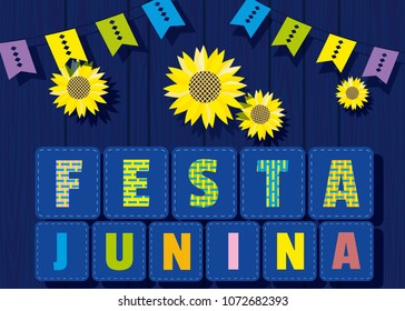 Festa Junina Latin American holiday. Festive party text flyer template. Traditional Brazil June folklore festival event colorful background. Fancy letters greeting, sunflower icon. Vector illustration