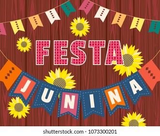 Festa Junina Latin American holiday. Festive party text flyer template. Traditional Brazil June folklore festival event colorful background. Fancy letters greeting, sunflower icon. Vector illustration