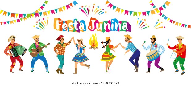 Festa Junina. Latin American holiday, the June party of Brazil. Vector set of characters for your design.