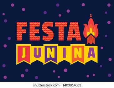 Festa Junina Latin American holiday. Traditional Brazil June folklore festival party. Fancy letters. Greeting text and Bonfire icon isolated. Flat minimal design banner background. Vector illustration