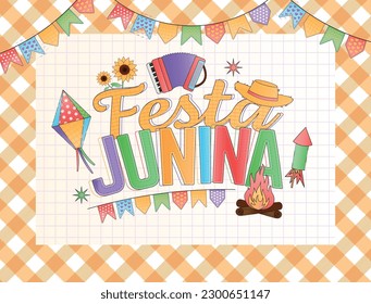 Festa junina lettering banner cartoon elements