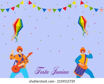 Festa Junina Lettering With Cartoon Brazilian Men Playing Music Instrument, Colorful Lanterns Hang And Bunting Flags On Blue Rays Background.