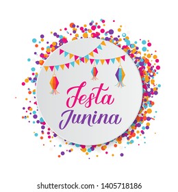 Festa Junina lettering with flags and lanterns on paper plate. Brazil June Festival Festa de Sao Joao. Easy to edit template for typography poster, banner, party invitation, flyer, etc.