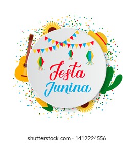 Festa Junina lettering with flags and lanterns on paper plate. Brazil June Festival Festa de Sao Joao. Easy to edit template for typography poster, banner, party invitation, flyer, etc.