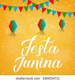 Festa Junina lettering with flags and paper lanterns on bright yellow background. Brazil June Festival Festa de Sao Joao. Easy to edit template for typography poster, banner, invitation, flyer, etc.