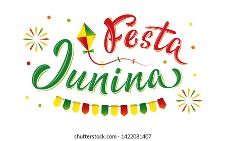 Festa Junina lettering text June party in Brazilian. Brazil traditional harvest festival. Folklore village carnival. Festival fire, kite and garland. Vector illustration for poster, banner, flyer