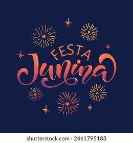 Festa Junina (meaning June Festival) Brazilian Traditional Celebration. Hand Lettering typography, Modern Brush Calligraphy, Vector Illustration on dark blue background