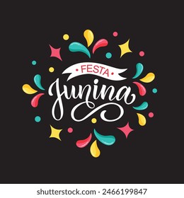 Festa Junina (meaning June Festival) Brazilian Traditional Celebration. Hand Lettering typography, Modern Brush Calligraphy, Vector colorful Illustration isolated on white background.