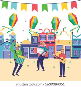 festa junina with men playing accordion guitar and drum with paper lantern. vector illustration. village