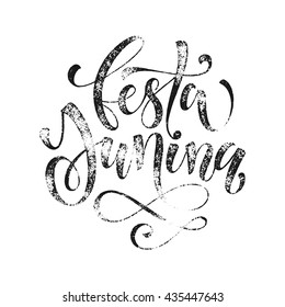 Festa junina Midsummer greeting card in Portuguese. Festa de Sao Joao, St John, Summer solstice vector lettering in Brazilian. Festas Juninas hand drawn grunge calligraphy on white background
