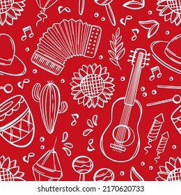 FESTA JUNINA MUSIC June Festival Catholic Tradition Brazil Carnival Holiday Seamless Pattern With Musical Instruments On Red Background Vector Illustration