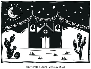 Festa Junina in northeastern Brazil. Church with starry sky. Woodcut vector, cordel style