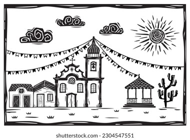 Festa Junina in northeastern Brazil. Village houses, church and bandstand over sunny sky. Woodcut vector, cordel style