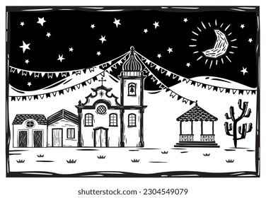 Festa Junina in northeastern Brazil. Village of houses, church and bandstand under the starry sky. Woodcut vector, cordel style