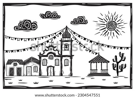 Festa Junina in northeastern Brazil. Village houses, church and bandstand over sunny sky. Woodcut vector, cordel style Foto stock © 