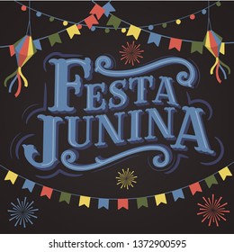 Festa Junina Old School Vintage Classic Font Lettering Background with Party Flags ,Paper Lantern and Firework. Brazil June holiday. Vector Banner - Illustration