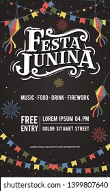 Festa Junina Old School Vintage Classic Font Lettering Background with Party Flags Poster,Paper Lantern and Firework. Brazil June holiday. Vector Banner - Illustration