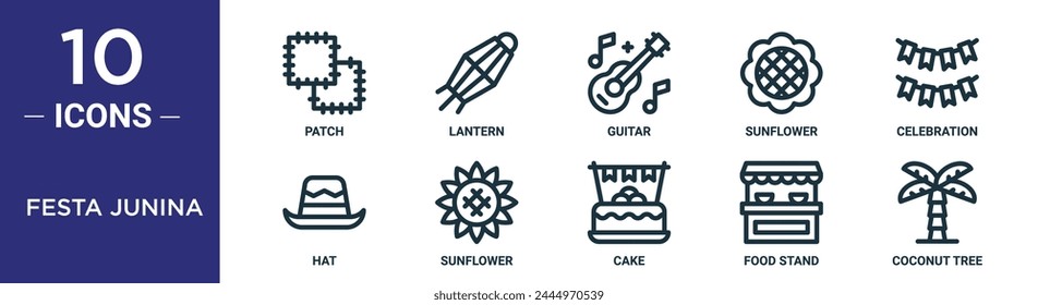 festa junina outline icon set includes thin line patch, lantern, guitar, sunflower, celebration, hat, sunflower icons for report, presentation, diagram, web design