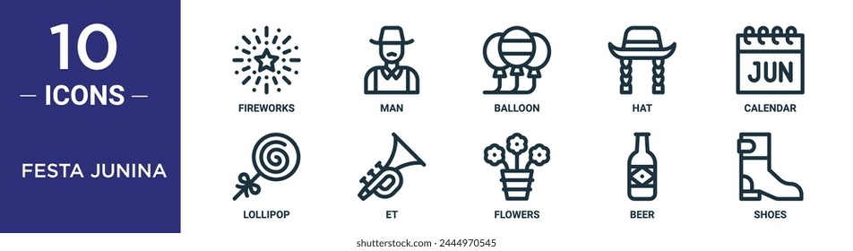 Festa Junina Outline Icon Set enthält Dünnlinien-Feuerwerk, Mann, Ballon, Hut, Kalender, Lutscher, et Icons für Bericht, Präsentation, Diagramm, Webdesign