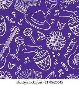 FESTA JUNINA OUTLINE June Festival Catholic Tradition Brazil Carnival Holiday Seamless Pattern With Musical Instruments On Blue Background Vector Illustration