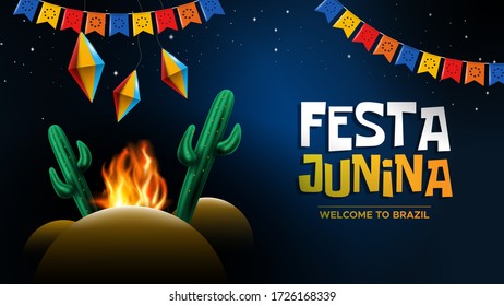 Festa Junina with paper lantern and cactus campfire