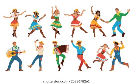 Festa junina participants. People at harvest festival, traditional clothes men, women dancing and singing, folklore holiday, happy folk characters, cartoon flat isolated tidy vector set