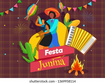 Festa Junina party celebration concept with Brazilian couple character dancing and musical harmonium illustration on brown tartan background.