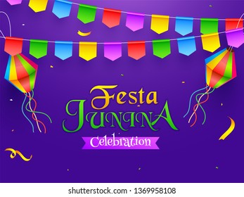 Festa Junina party celebration poster or banner design decorated with colorful bunting flags and paper lanterns on purple background.